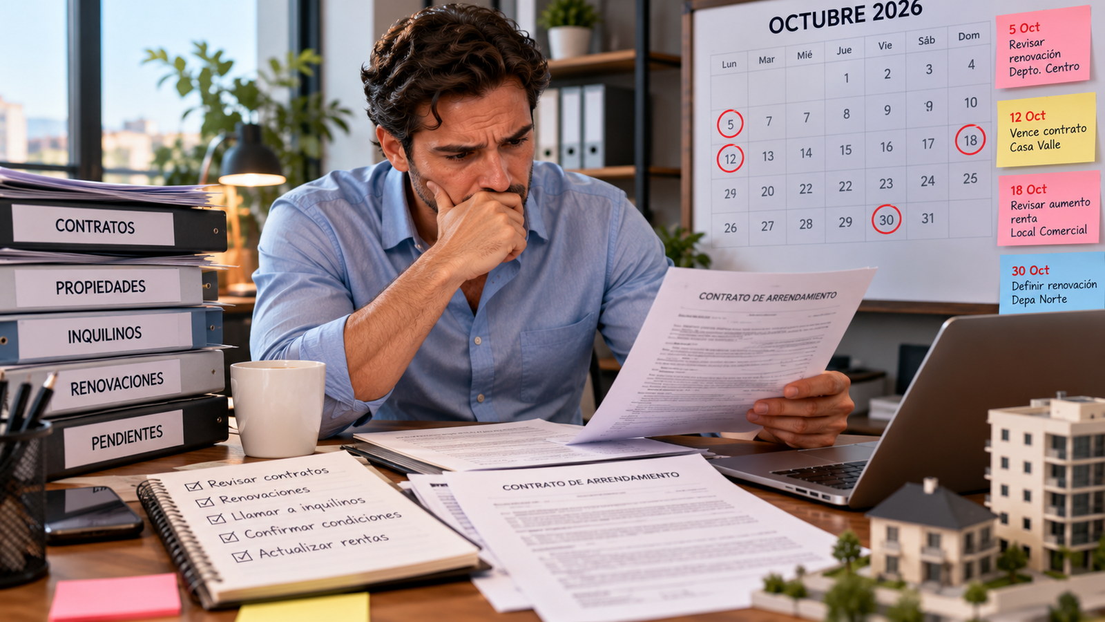 Administrador revisando contratos de arrendamiento y fechas próximas de vencimiento